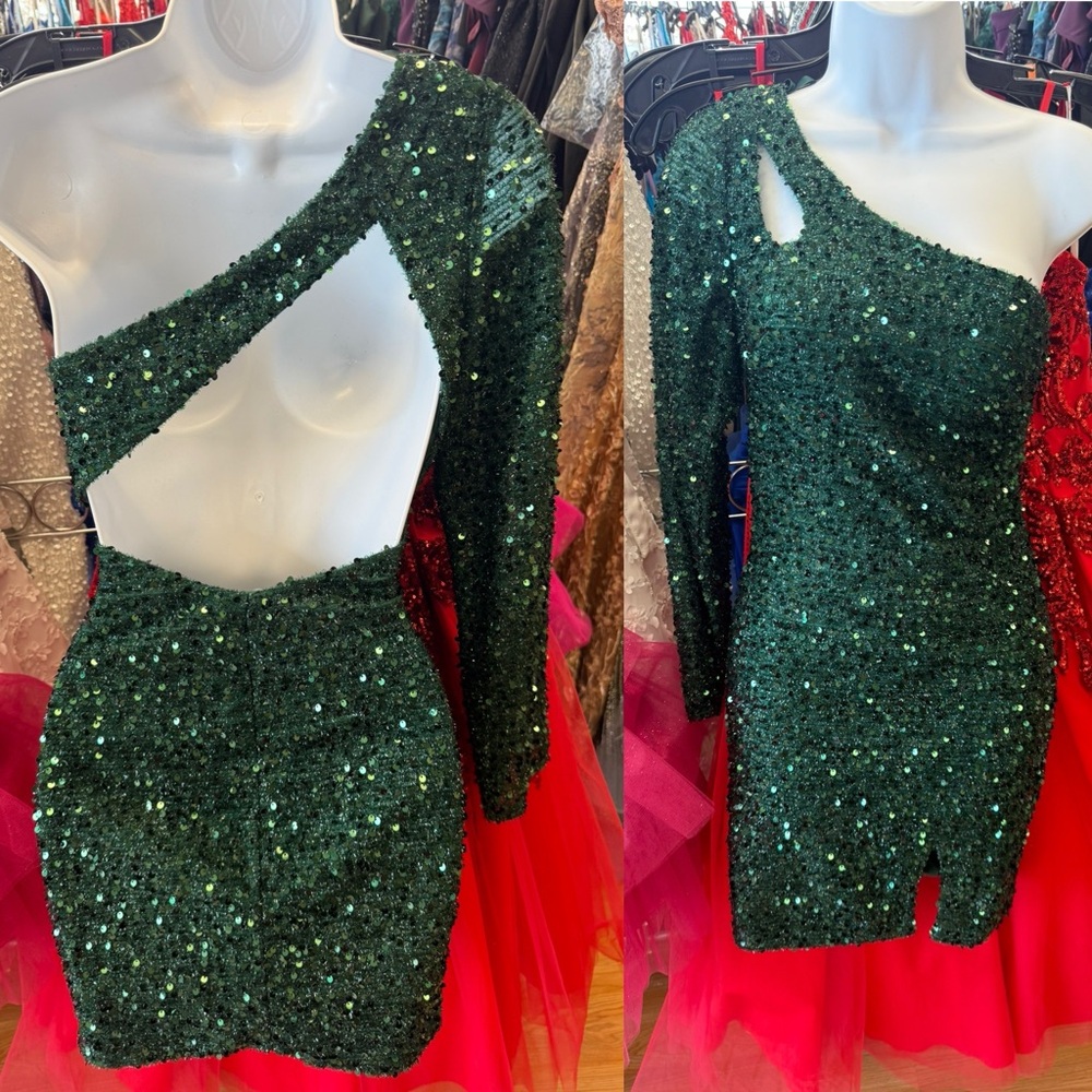 Green Sequin One-Shoulder one sleeve Dress short size 2